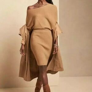 NWT Banana Republic Lenzing Ecovero Serene Sweater Dress Tan S Off Shoulder